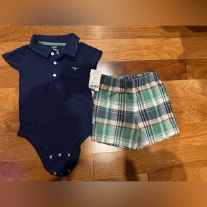 Preppy 18M Boys Ensemble with Collared Bodysuit and Plaid Shorts - New with Tags
